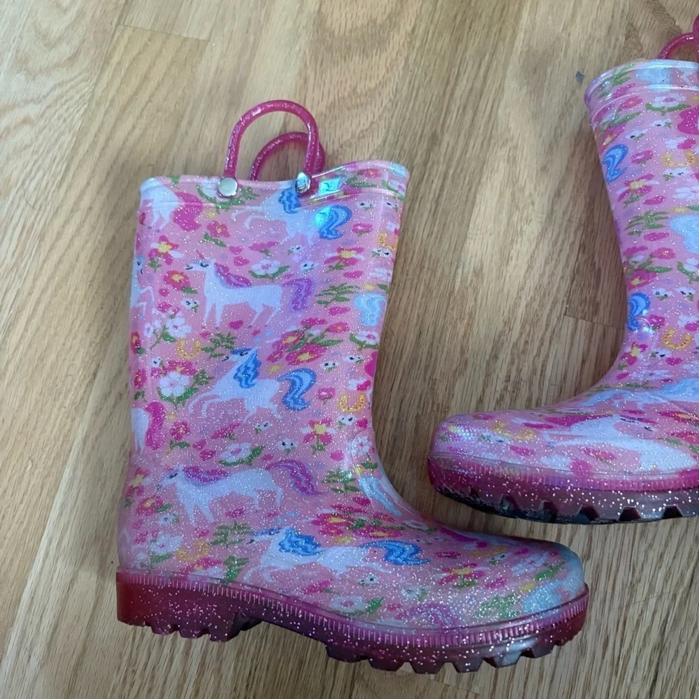 Girls Pink Unicorn Print Rain Boots with Easy Pull Handles Sz 13/1 Members Mark